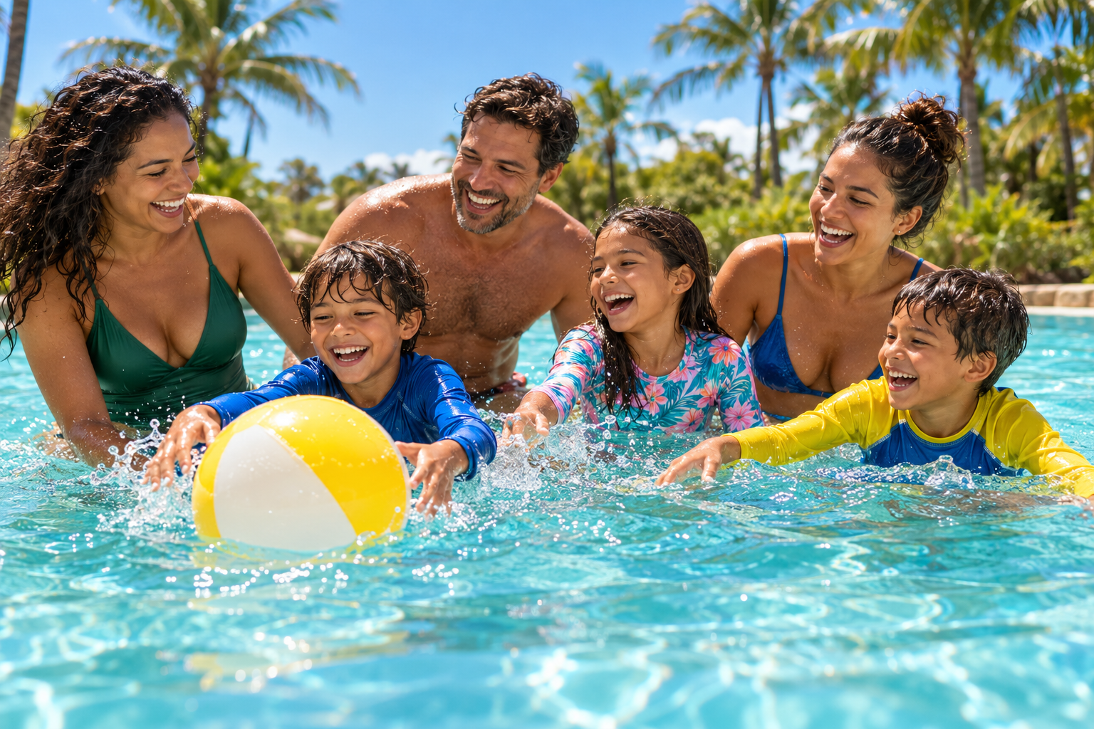 Cena ilustrativa de crianças e adultos sorrindo e brincando com uma bola em uma piscina